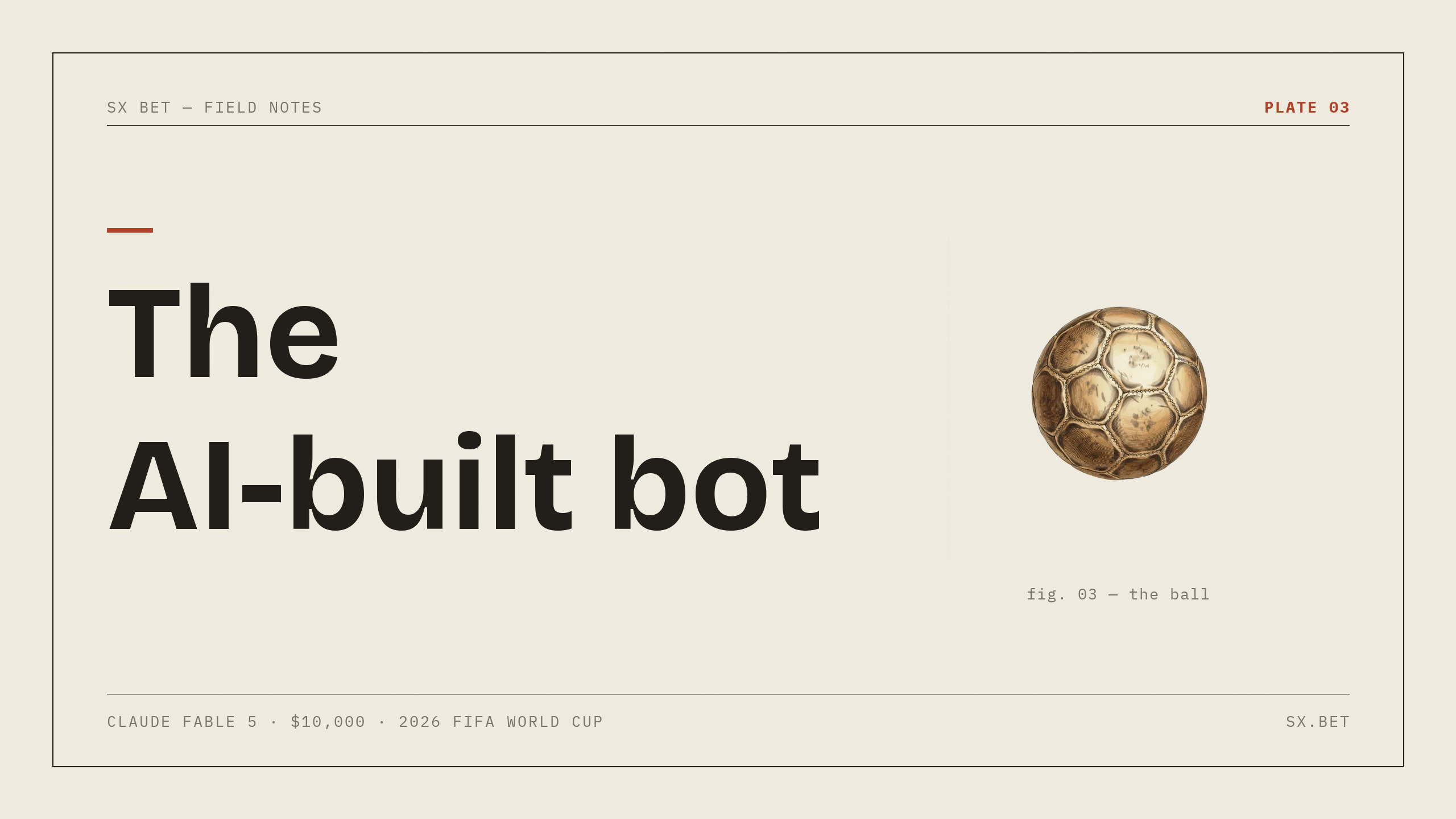 Hero card in vintage specimen-plate style reading 'The AI-built bot' with an illustrated soccer ball
