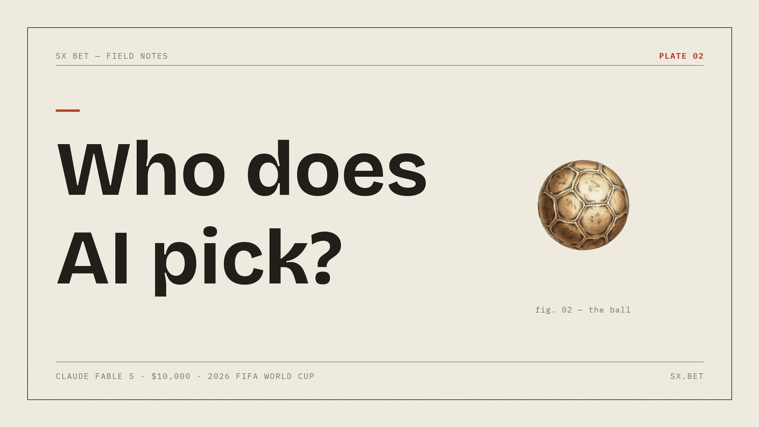 Hero card in vintage specimen-plate style reading 'Who does AI pick?' with an illustrated soccer ball