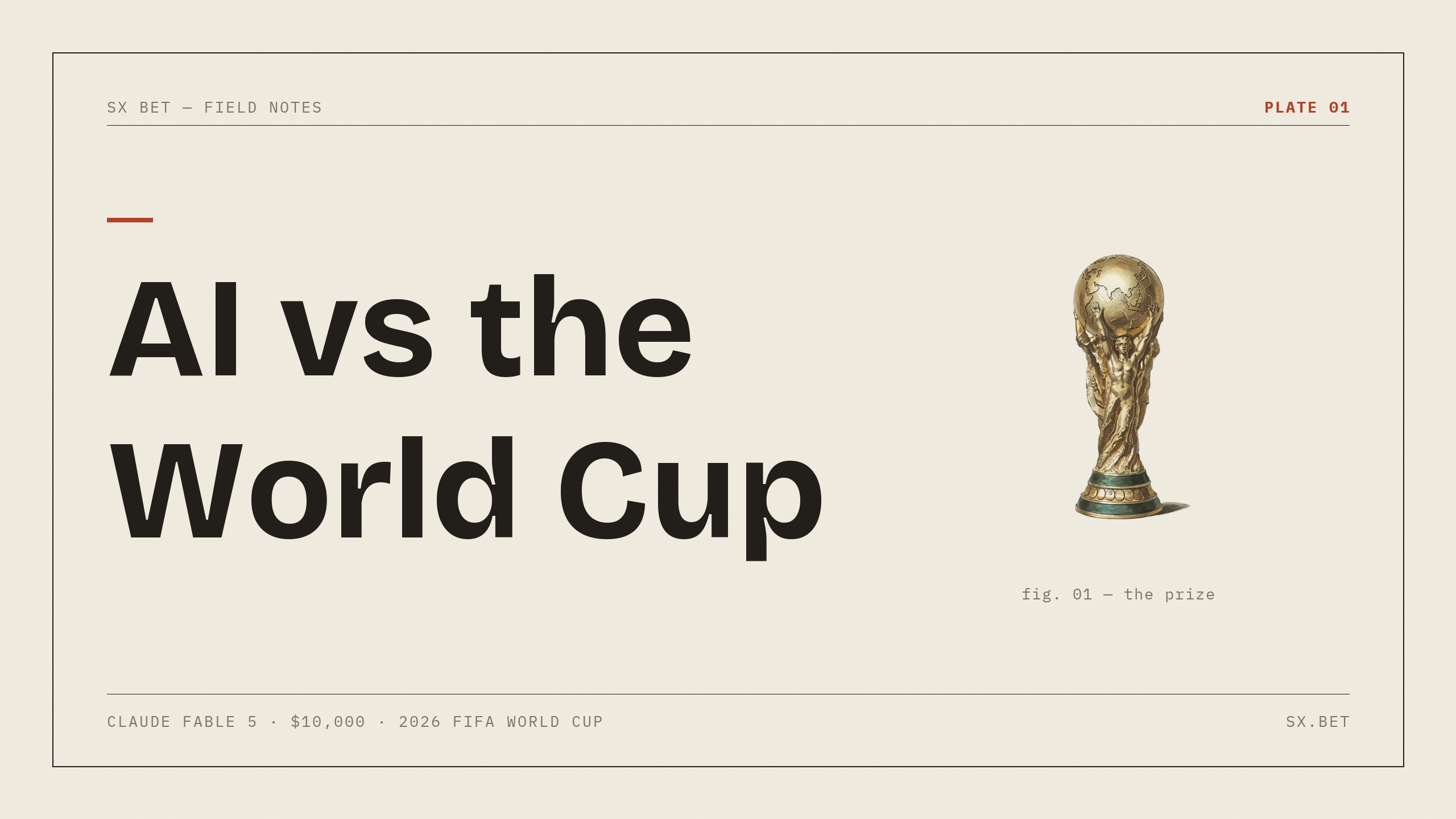 Hero card in vintage specimen-plate style reading 'AI vs the World Cup' with an illustrated World Cup trophy